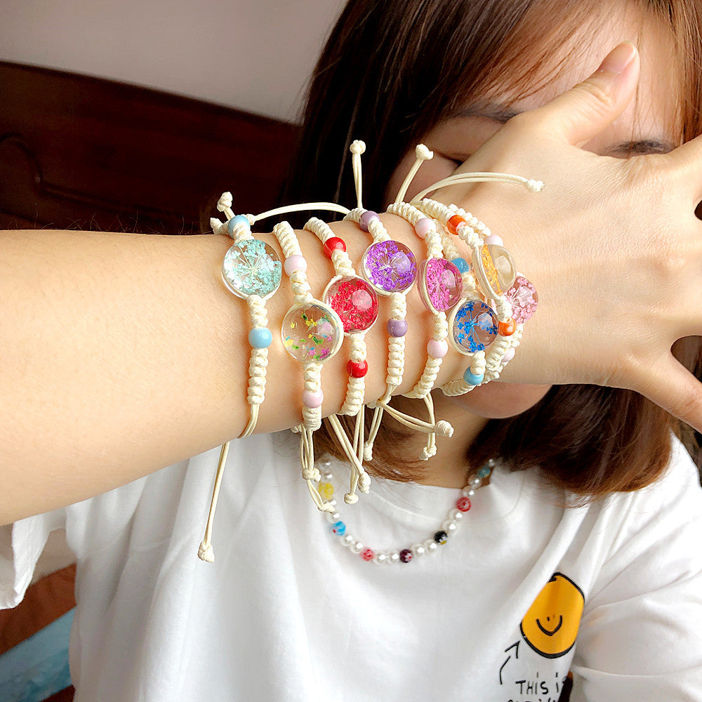 Wholesale Handmade Hemp Cotton Weaving Dried Flower Tree Of Life Color Elastic Bracelet